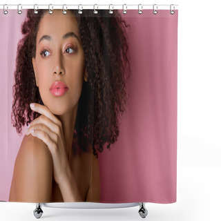 Personality  Portrait Of Attractive Curly Nude African American Girl On Pink Shower Curtains