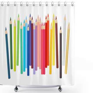 Personality  Colored Pencils Are Scattered On White Background. Set Of Bright Pencils For Drawing. Vector Cartoon Flat Illustration On School Supplies. Shower Curtains