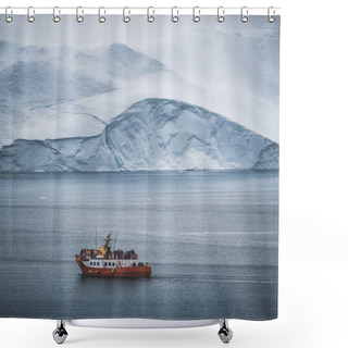 Personality  Three Humpback Whales With Fin Swimming In Ocean And Feeding. Orange Whale Watching Tour Boat Ship In Background. Greenland Disko Bay Ilulissat. Shower Curtains