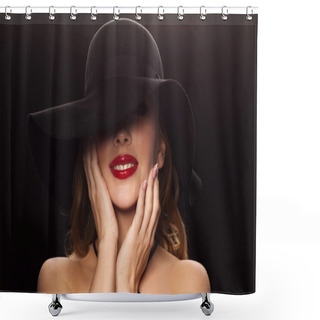 Personality  Beautiful Woman In Black Hat Over Dark Background Shower Curtains
