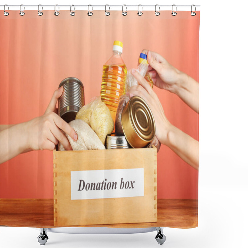 Personality  Donation Box With Food On Red Background Close-up Shower Curtains