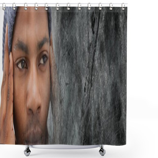 Personality  Close Up Of Frustrated Man And Grey Grunge Copy Space  Transition Shower Curtains