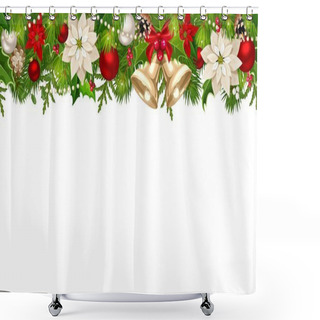 Personality  Vector Christmas Horizontal Seamless Background With Red And Silver Balls, Bells, Poinsettia Flowers And Green Fir Branches. Shower Curtains
