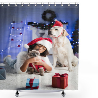 Personality  African American Girl Cuddling Cat While Lying On Floor Near Labrador Dog And Christmas Gifts On Blurred Background Shower Curtains