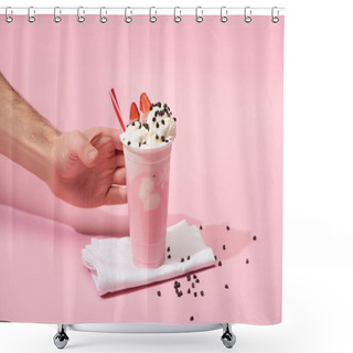 Personality  Cropped View Of Male Hand With Disposable Cup Of Milkshake With Chocolate Morsels And Strawberry On Napkins On Pink Shower Curtains
