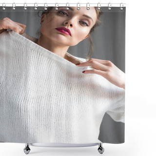 Personality  Seductive Brunette Girl Taking Off White Sweater And Looking At Camera On Grey   Shower Curtains