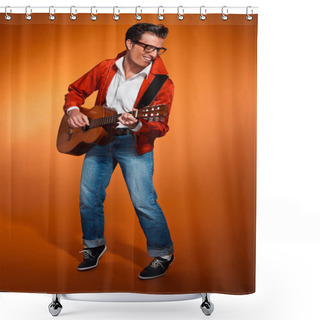 Personality  Retro Fifties Musician With Glasses Playing Accoustic Guitar. St Shower Curtains