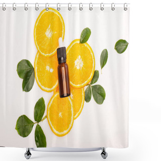 Personality  Top View Of Bottle With Citrus Essential Oil And Juicy Orange Slices Near Rose Leaves On White Shower Curtains