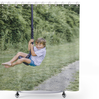 Personality  Blond Boy Having Fun While Playing On Monkey Swing At Playground  Shower Curtains