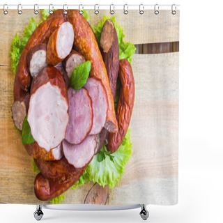 Personality  Smoked Meat Wooden Table Empty Space Text Shower Curtains