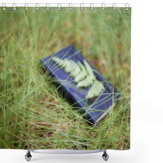 Personality  Daydream Conceptualisation, Dreamy Still Life With Out-of-focus Black Notebook Lying In Grass, Fern Leaf Attached Shower Curtains