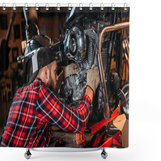 Personality  Close-up Shot Of Bike Repair Station Worker Fixing Motorcycle Shower Curtains