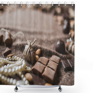 Personality  Close-up Of Dark Chocolate With Pearls Jewelry Decorations In Vintage Style On Brown Background  Shower Curtains