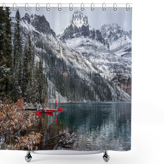 Personality  Man Traveler Standing On Wooden Pier With Rocky Mountains In Lake O'hara At Yoho National Park, Canada Shower Curtains