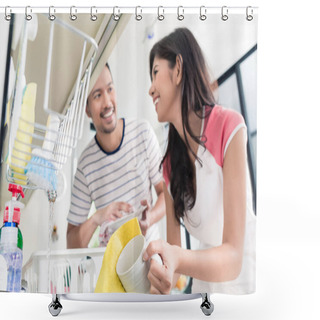 Personality  Asian Couple Washing The Dishes After Breakfast Shower Curtains
