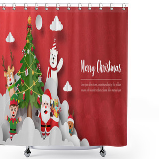 Personality  Merry Christmas And Happy New Year, Christmas Banner Postcard Of Santa Claus And Friends With Christmas Tree Shower Curtains