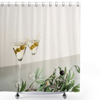 Personality  Cocktails In Martini Glasses With Olive Branch On Grey Surface, Isolated On White Shower Curtains