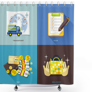 Personality  Flat Design, Internet Shopping Process Of Purchasing And Deliver Shower Curtains