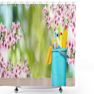 Personality  Spring Cleaning. Bucket With Detergents And Tools On Wooden Surface Under Blossoming Tree Against Blurred Green Background, Space For Text. Banner Design Shower Curtains