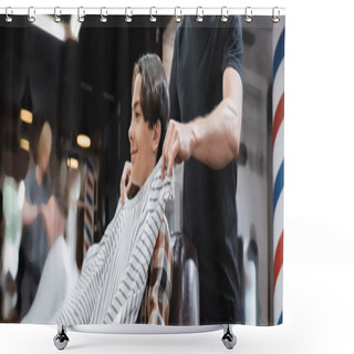 Personality  Side View Of Barber Putting Hairdressing Cape On Smiling Teen Boy In Beauty Salon, Banner Shower Curtains