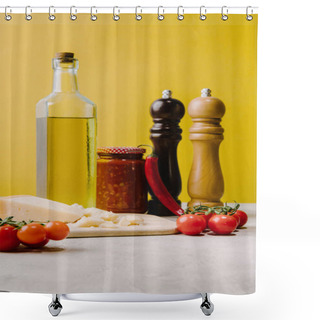 Personality  Cherry Tomatoes With Cheese And Spices For Pasta On Concrete Tabletop, Ingredients Of Italian Cuisine Shower Curtains