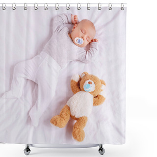 Personality  High Angle View Of Adorable Little Boy With Baby Dummy Sleeping With Teddy Bear  Shower Curtains