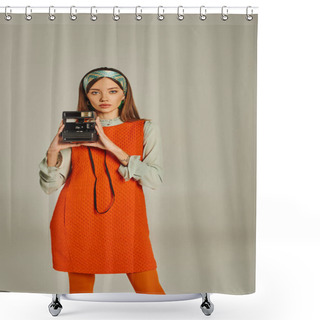 Personality  Trendy Woman In Orange And Colorful Headband Holding Vintage Camera On Grey, Retro-inspired Style Shower Curtains