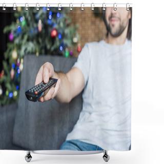 Personality  Close-up View Of Man Using Remote Controller While Sitting On Couch At Christmas Time Shower Curtains