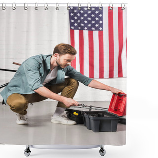 Personality  Handsome Young Man Putting Adjustable Wrench In Tools Box In Front Of Wall With American Flag Shower Curtains