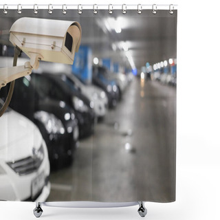 Personality  CCTV Camera On Blurred Cars Parking And Bokeh Light. Shower Curtains