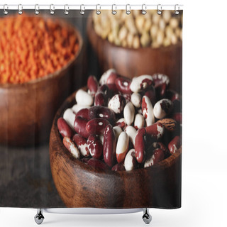Personality  Close Up Of Beans In Wooden Bowl With Legumes On Background Shower Curtains