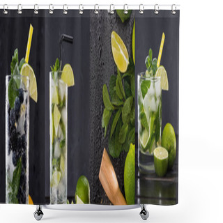 Personality  Collage Of Tasty Cocktails With Blueberries, Limes, Mint Leaves And Ice Cubes  Shower Curtains