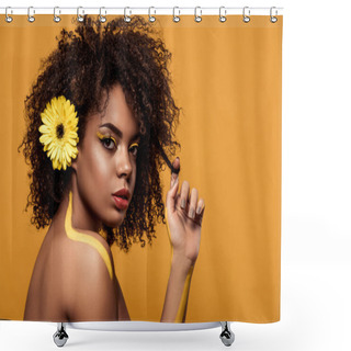 Personality  Young Bright African American Woman With Artistic Make-up And Gerbera In Hair Touching Her Hair Isolated On Orange Background Shower Curtains