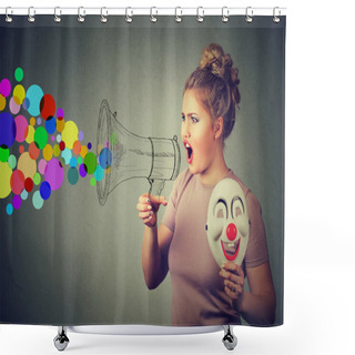 Personality  Woman Screaming In Megaphone. Propaganda Social Media Communication Concept Shower Curtains