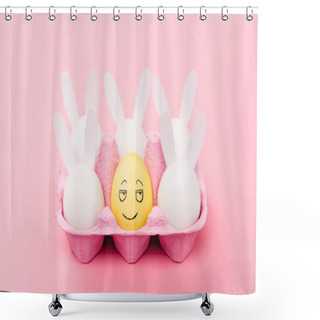 Personality  Decorative Rabbits And Yellow Egg With Smiling Facial Expression On Pink, Easter Concept Shower Curtains