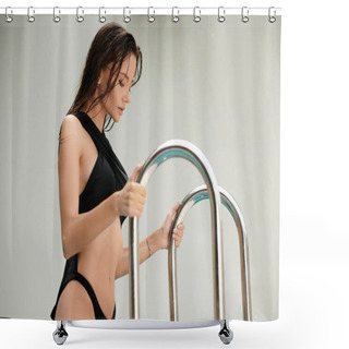 Personality  Attractive Woman With Tattoo Standing In Swimwear And Holding A Handrail In A Swimming Pool Shower Curtains