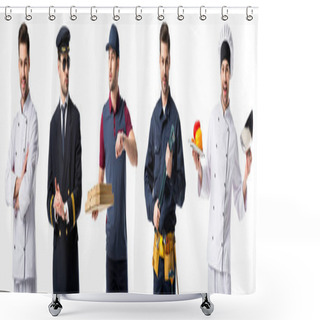 Personality  Collage Of Handsome Man Showing Different Professions Isolated On White Shower Curtains
