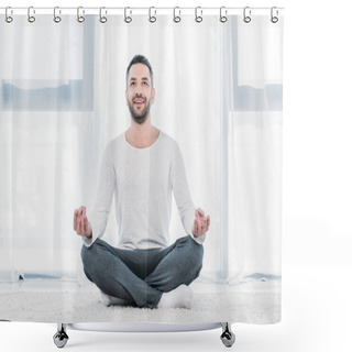 Personality  Happy Handsome Man Sitting On Carpet In Lotus Pose And Meditating At Home Shower Curtains