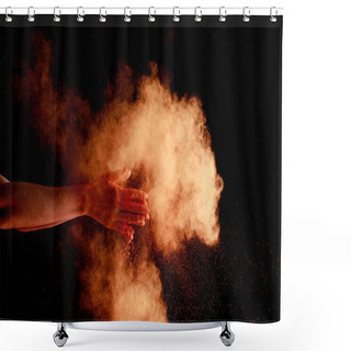Personality  Female Hands Near Orange Colorful Holi Paint Explosion On Black Background Shower Curtains
