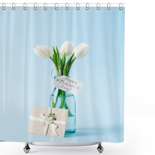 Personality  Post Card And Bouquet Of White Tulips With Happy Mothers Day Greeting Label On Blue Background Shower Curtains