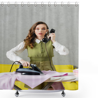 Personality  Domestic Lifestyle Concept, Attractive Woman With Wavy Hair Ironing Clothes, Housewife Talking On Retro Telephone, Lifestyle, Laundry Day, Home Tasks, Clean Laundry, Doll Like, Looking At Camera  Shower Curtains