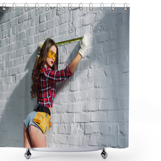 Personality  Sexy Woman In Goggles With Tool Belt Measuring White Brick Wall Shower Curtains