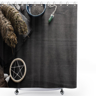 Personality  Dreamcatcher With Smudge Sticks, Magic Crystal And Bowl Of Ash On Black Wooden Background Shower Curtains