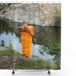 Personality  Back View Of Barefoot Buddhist In Orange Robe Meditating Near Lake In Forest Shower Curtains