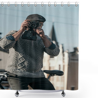 Personality  Stylish Man With Vintage Film Camera In Old Town Shower Curtains