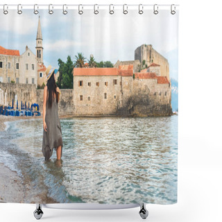 Personality  Woman Standing In Adriatic Sea With Bell Tower Of Sveti Ivana Cathedral On Background In Budva, Montenegro Shower Curtains