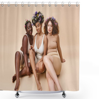 Personality  Diverse Multiethnic Girlfriends In Lingerie With Flowers In Hair Sitting On Beige, Plus Size Beauty Shower Curtains