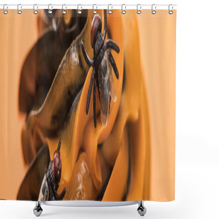 Personality  Close Up View Of Spooky Halloween Cupcake With Flies On Cream Isolated On Orange, Panoramic Shot Shower Curtains