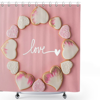 Personality  Flat Lay With Arrangement Of Glazed Heart Shaped Cookies Isolated On Pink Surface Shower Curtains