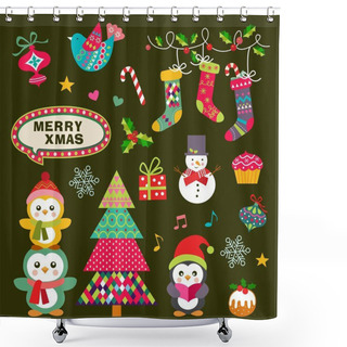 Personality  Vector Set Of Christmas Symbols, Icons, Elements And Decoration Shower Curtains